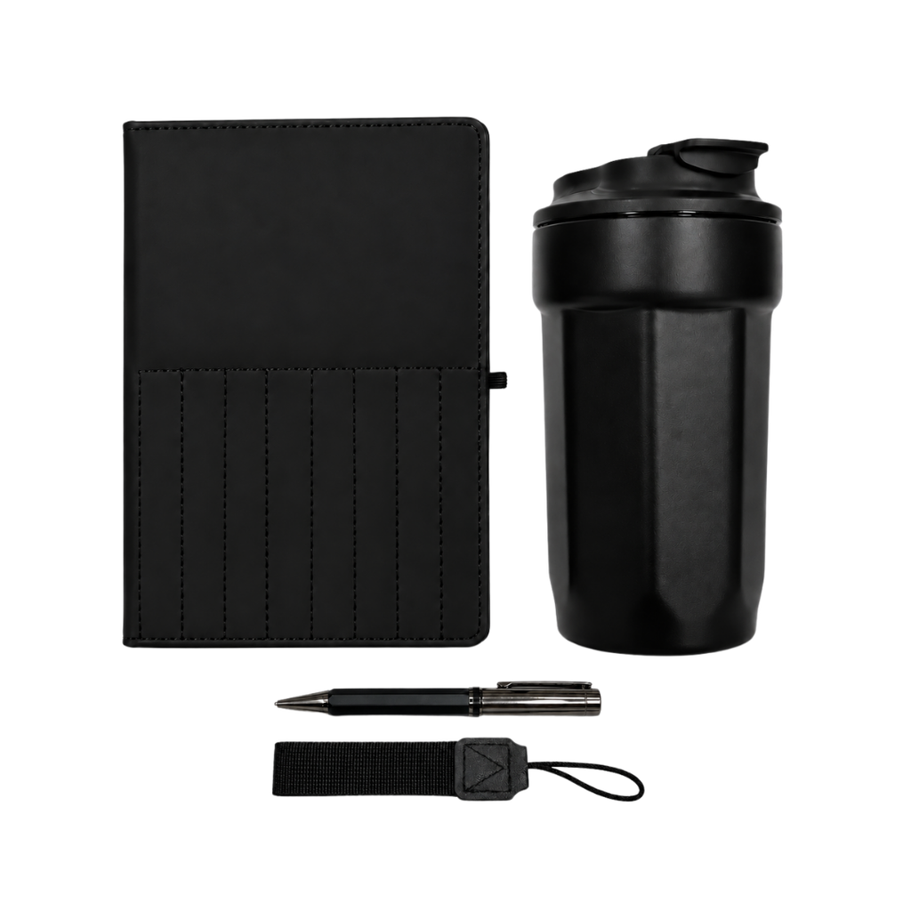 SET EJECUTIVO, ACERO INOXIDABLE, NEGRO, 380 ml, termo doble pared en set con libreta PU A5 y lapicero de metal en caja negra de regalo