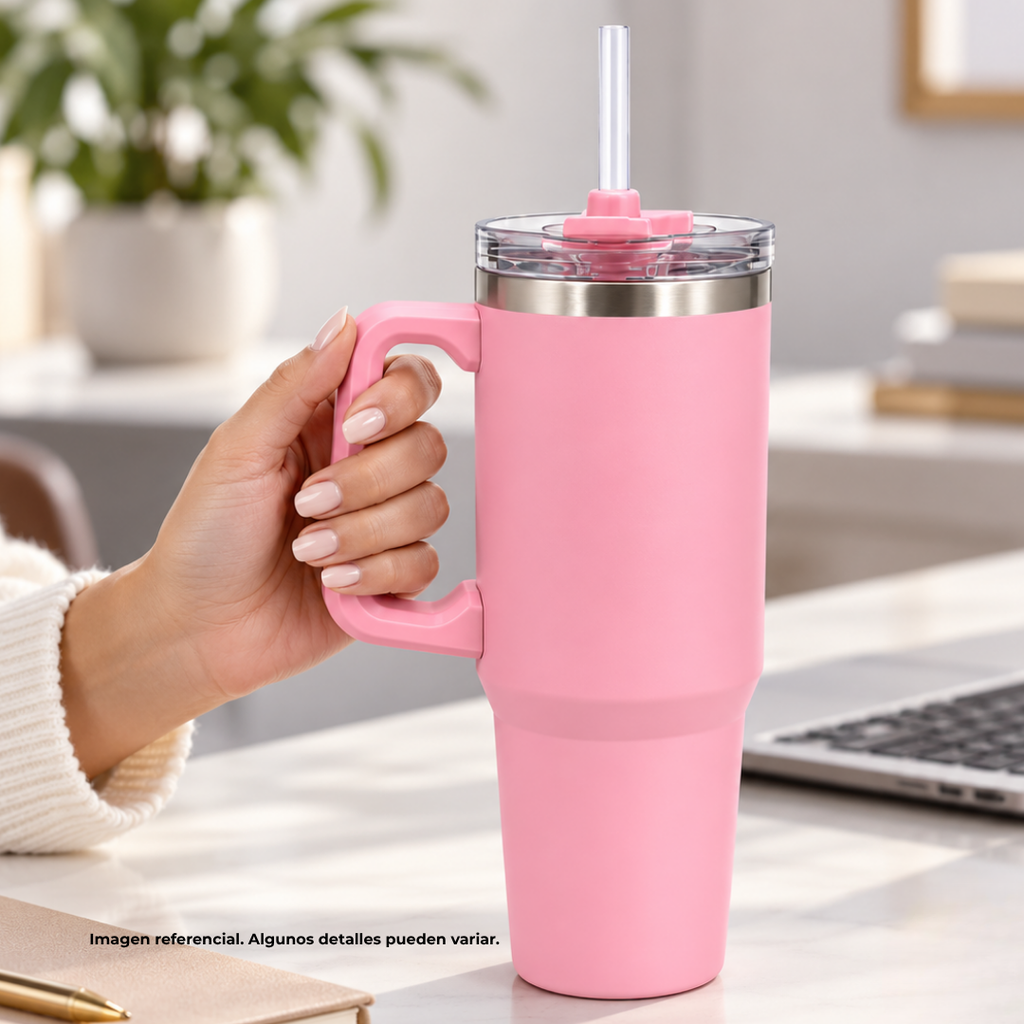 TAZA ACERO INOXIDABLE ROSADO 30 oz Boldys doble pared con pajilla
