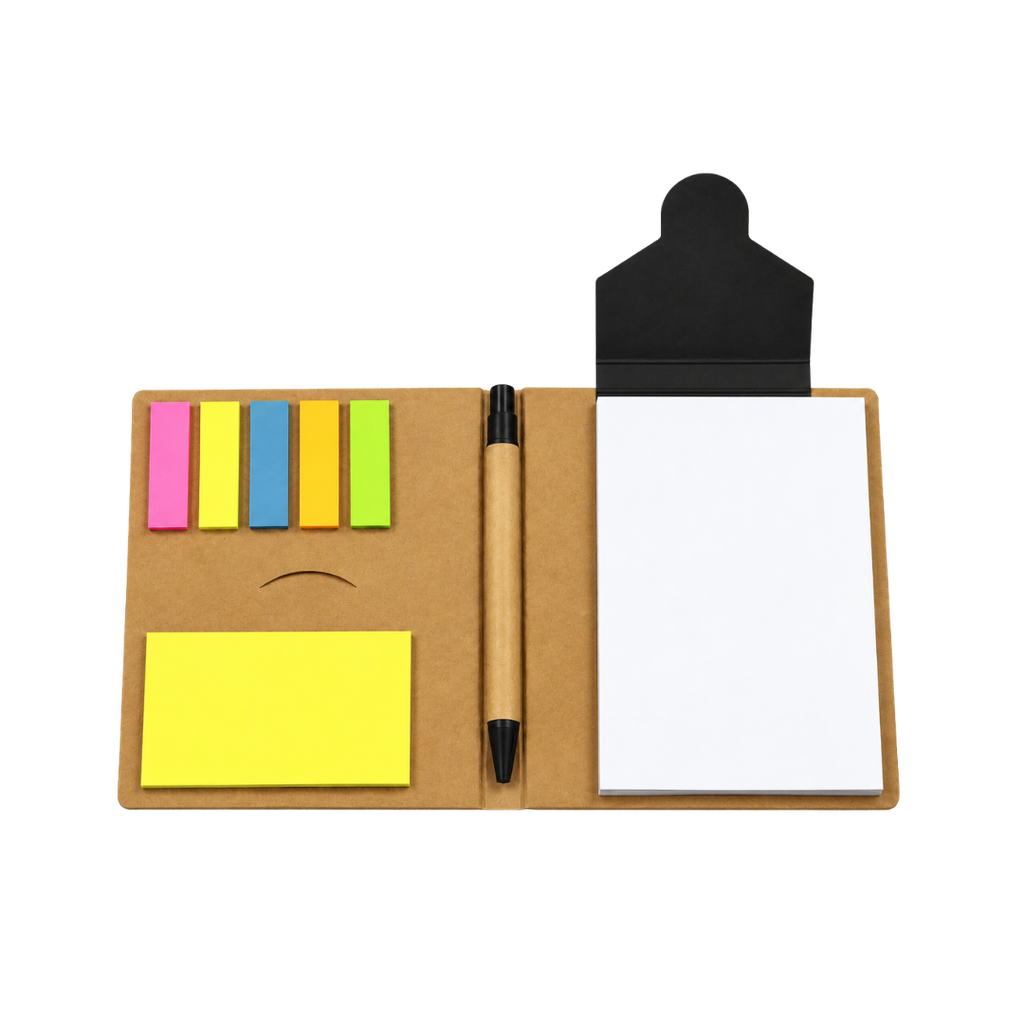 libretas, ecologica de carton, negro, 11*15 centimetros, con lapicero y notas adhesivas
