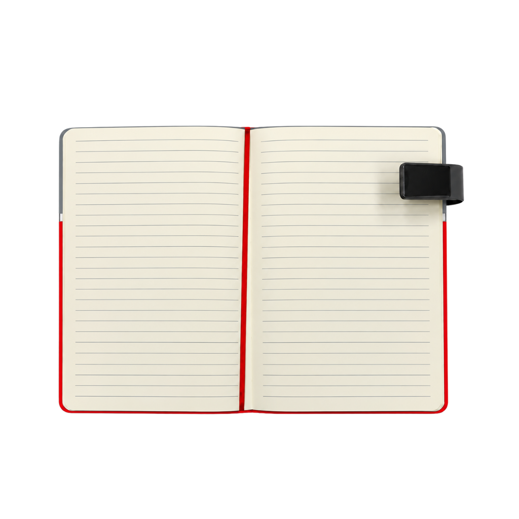 LIBRETA, PU, ROJO, 14,8 x 21 cm, Double 80 hojas 70 g. a líneas cierre magnético y cenefa gris con lapicero