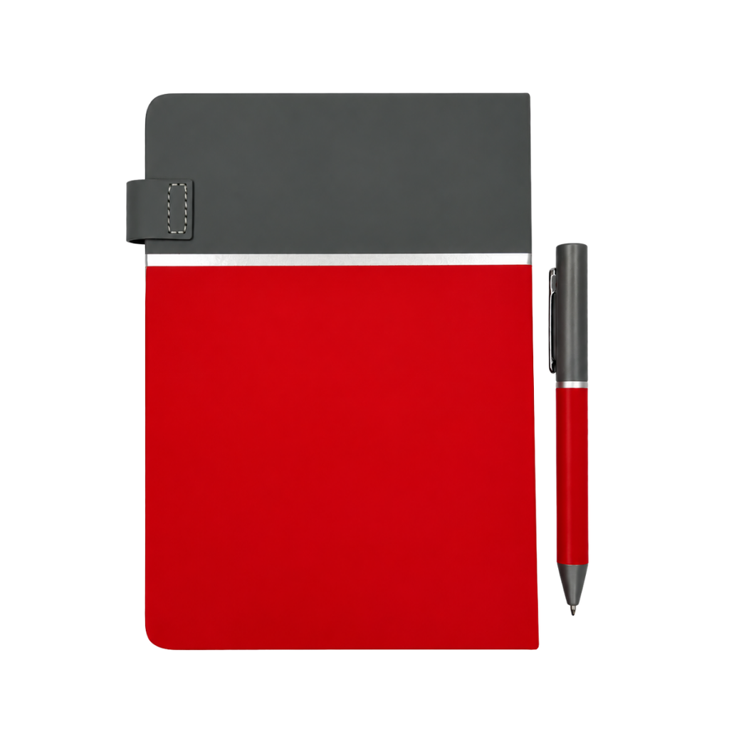 LIBRETA, PU, ROJO, 14,8 x 21 cm, Double 80 hojas 70 g. a líneas cierre magnético y cenefa gris con lapicero