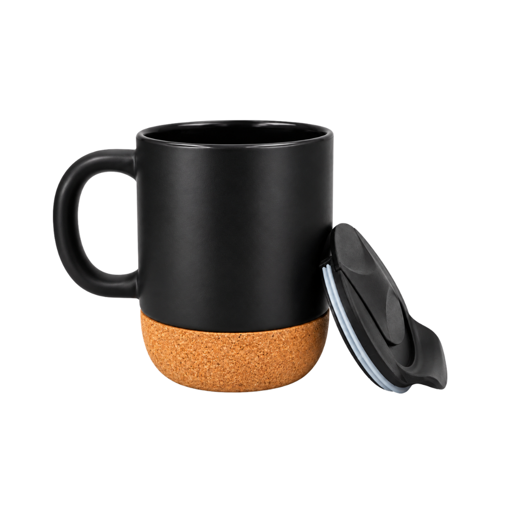 tazas, cerámica, negro, 8.5*9*10 centimetros, con tapa plastica y base de corcho 12 oz
