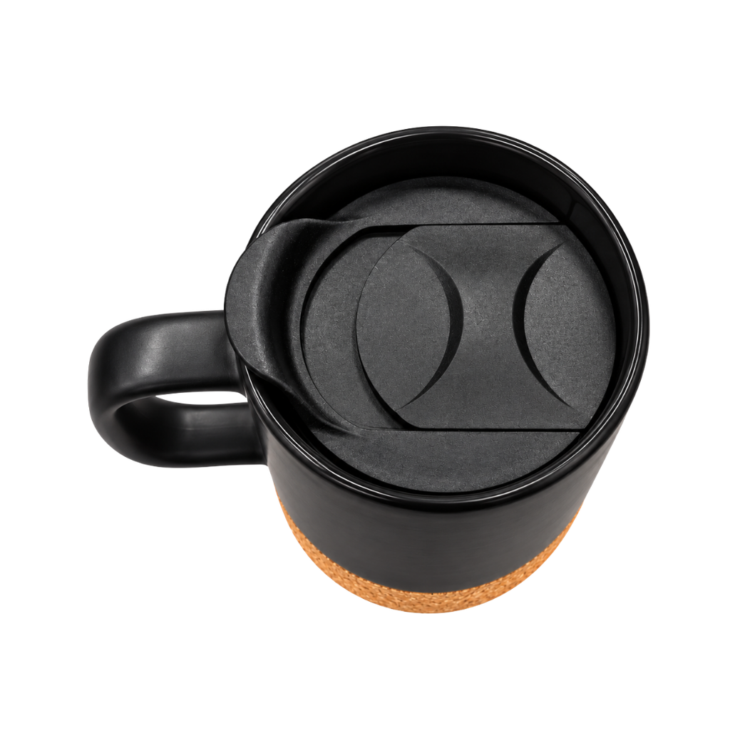 tazas, cerámica, negro, 8.5*9*10 centimetros, con tapa plastica y base de corcho 12 oz