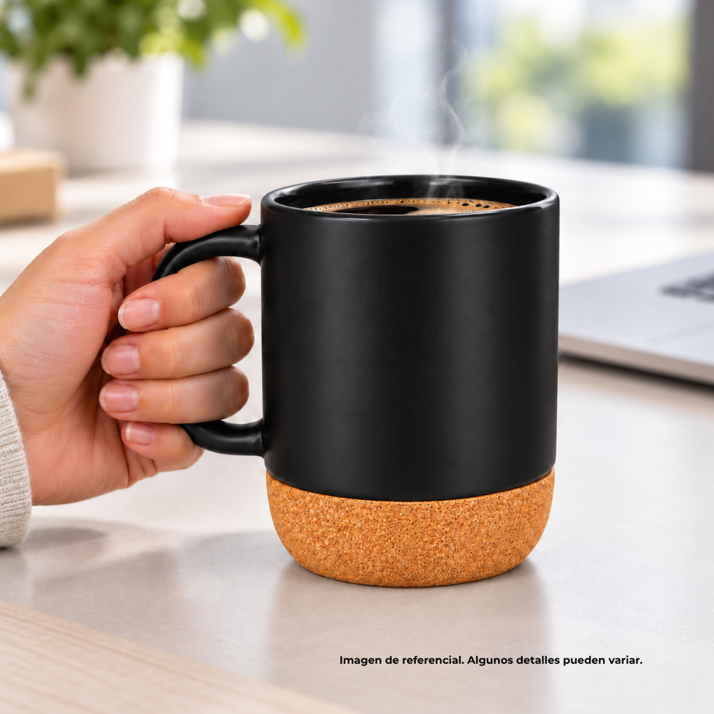tazas, cerámica, negro, 8.5*9*10 centimetros, con tapa plastica y base de corcho 12 oz