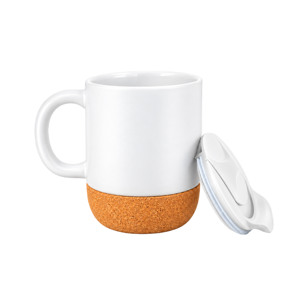 tazas, cerámica, blanco, 8.5*9*10 centimetros, con tapa plastica y base de corcho 12 oz