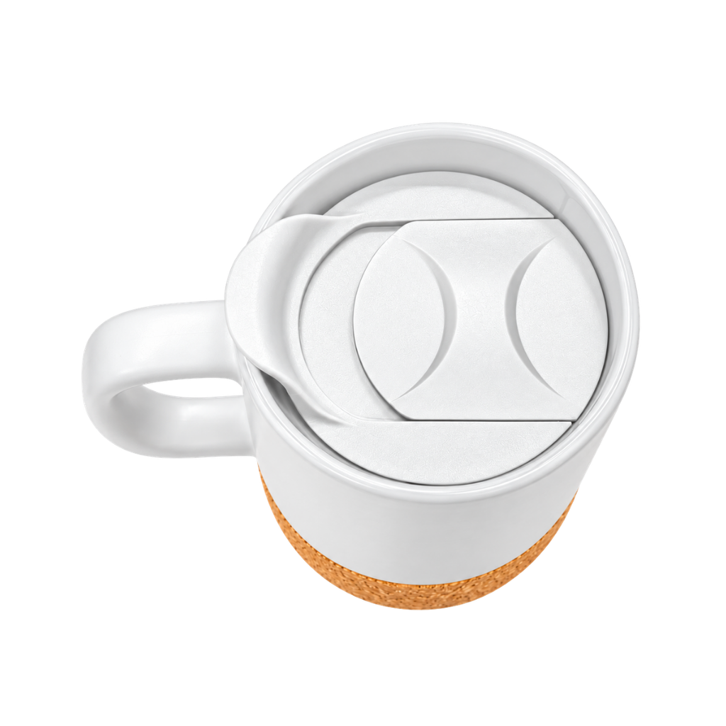 tazas, cerámica, blanco, 8.5*9*10 centimetros, con tapa plastica y base de corcho 12 oz