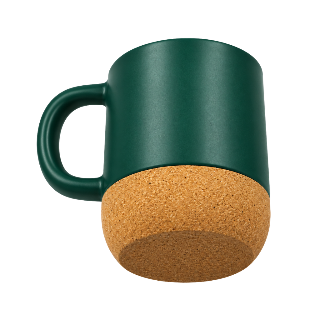 tazas, cerámica, verde oscuro, 8.5*9*10 centimetros, con tapa plastica y base de corcho 12 oz