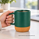 tazas, cerámica, verde oscuro, 8.5*9*10 centimetros, con tapa plastica y base de corcho 12 oz