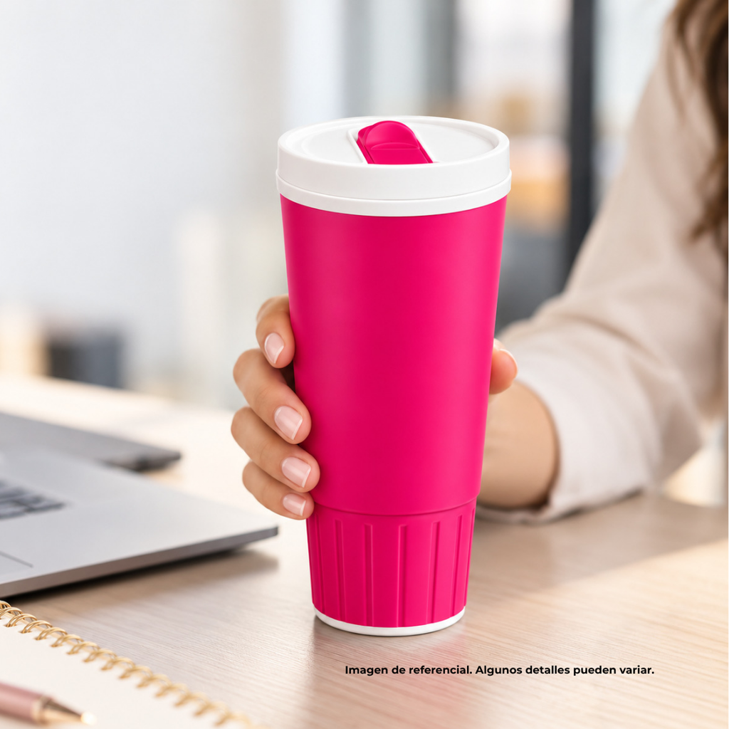 tazas termicas, plástico, rosado, 600 mililitro, con tapa blanca