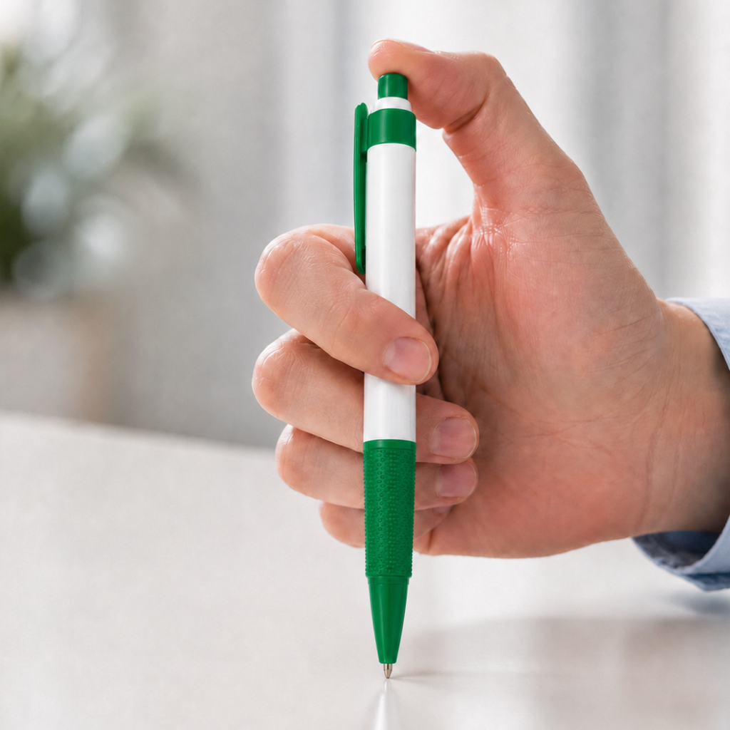 lapiceros, plástico, verde, 13.4 centimetros, brumos con goma antideslizante