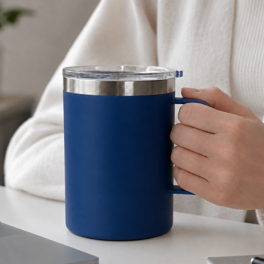 TAZA, ACERO INOXIDABLE, AZUL OSCURO, 350 ml, Thermal doble pared 8.8*10.8cm con tapa hermética