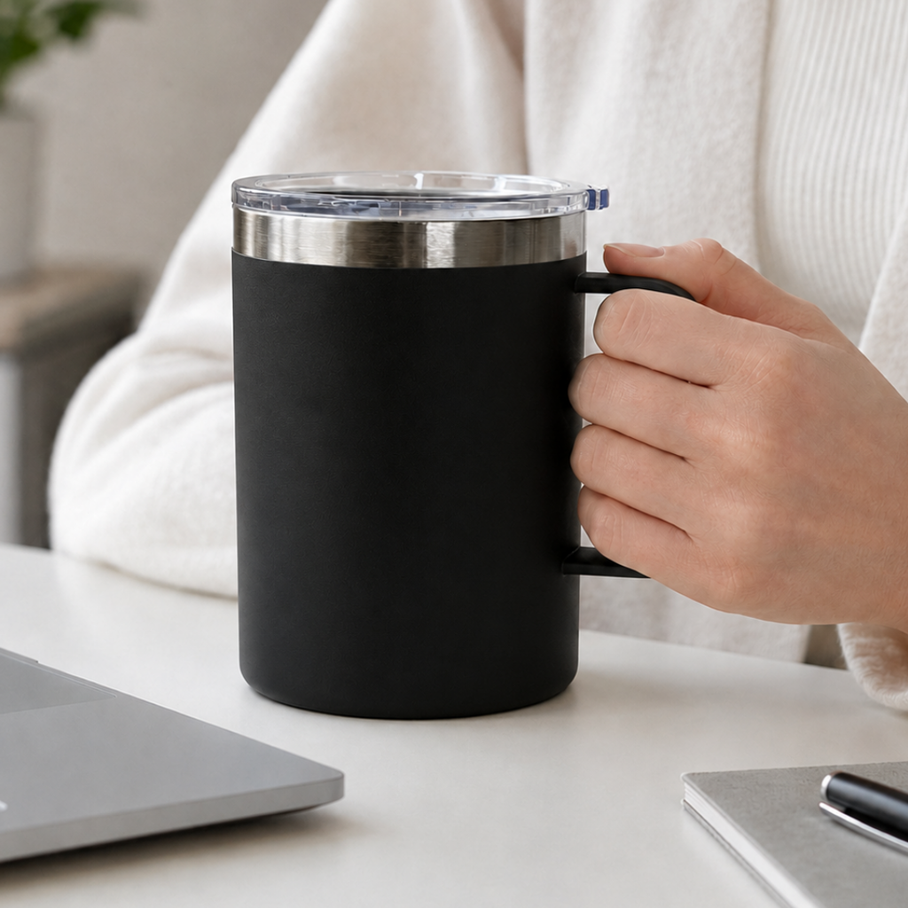 TAZA, ACERO INOXIDABLE, NEGRO, 350 ml, Thermal doble pared 8.8*10.8cm con tapa hermética