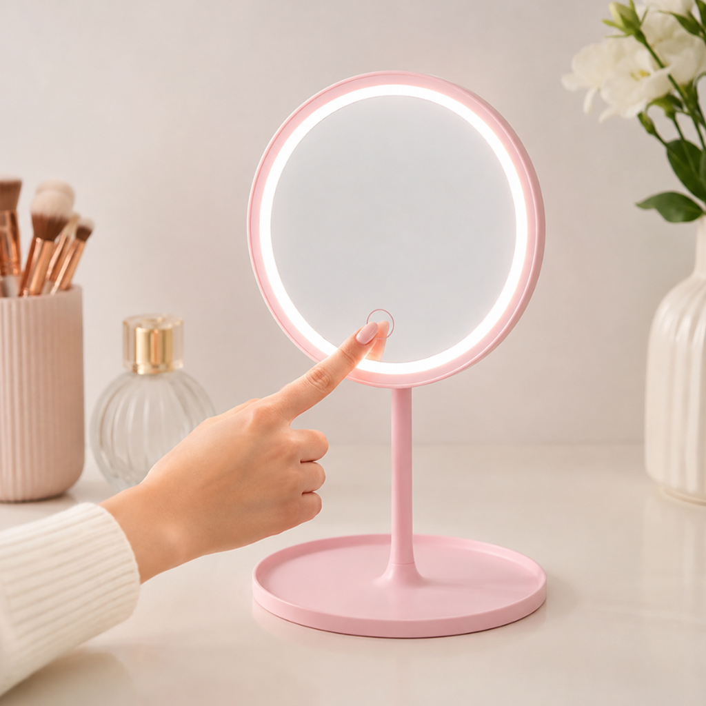 ESPEJO, PLÁSTICO, ROSADO, 18*18*6 cm, REDONDO DE TOCADOR CON LUZ LED