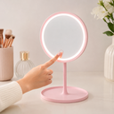 ESPEJO, PLÁSTICO, ROSADO, 18*18*6 cm, REDONDO DE TOCADOR CON LUZ LED