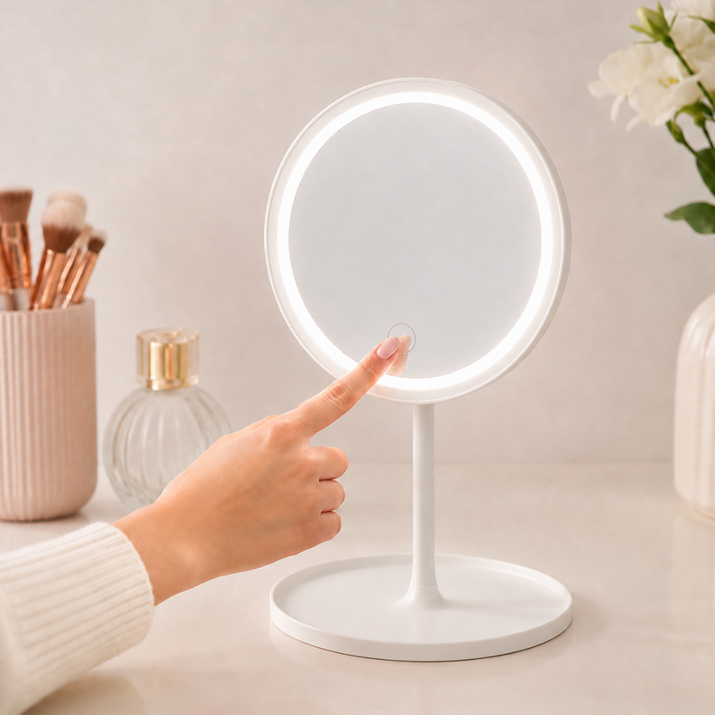 ESPEJO, PLÁSTICO, BLANCO, 18*18*6 cm, REDONDO DE TOCADOR CON LUZ LED