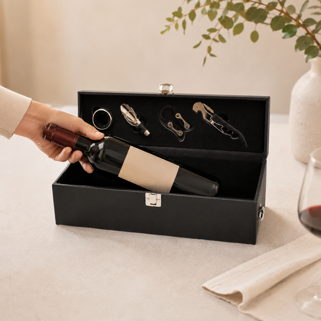 CAJA PARA VINO, PU, NEGRO, 36*11*11 cm, CON 4 ACCESORIOS