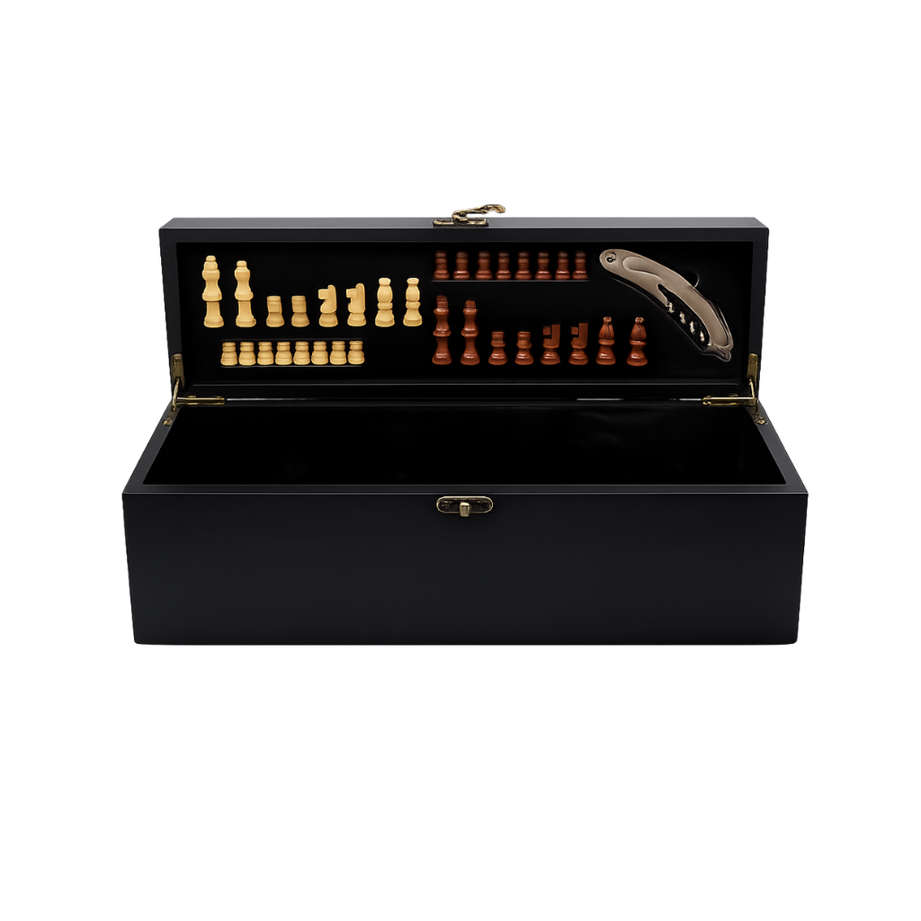 Caja Madera negro 36*11*11 cm para vino con juego de ajedrez