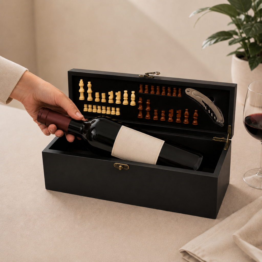 Caja Madera negro 36*11*11 cm para vino con juego de ajedrez