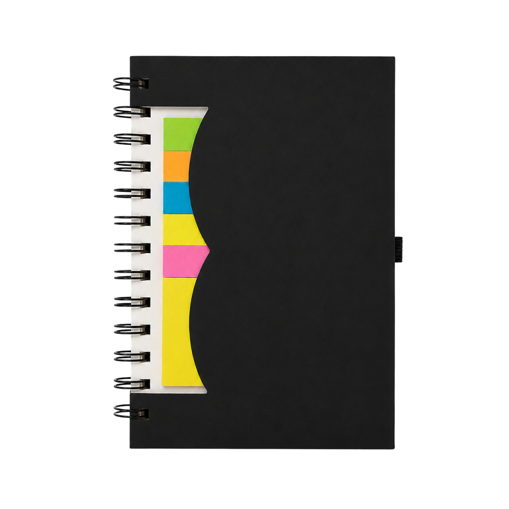 LIBRETA, PAPEL, NEGRO, Post de espiral con notas adhesivas de colores
