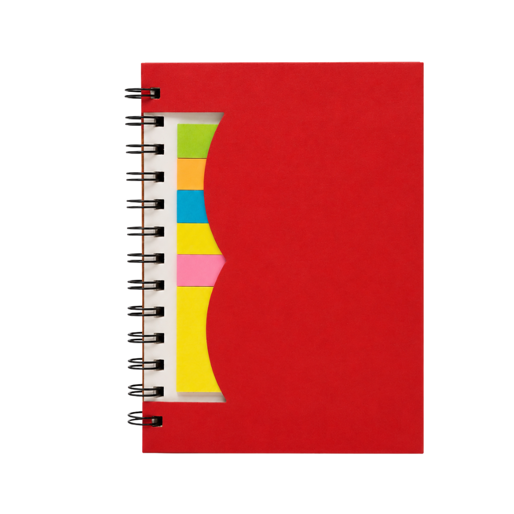 LIBRETA, PAPEL, ROJO, Post de espiral con notas adhesivas de colores