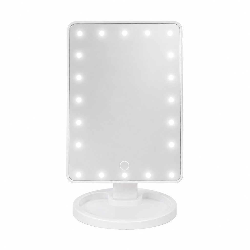 ESPEJO, PLÁSTICO, BLANCO, 27X17X12CM cm, Star, base ajustable, con luz led de tonos, Funcionamiento mediante 4 baterias AA (NO INCLUIDAS)
