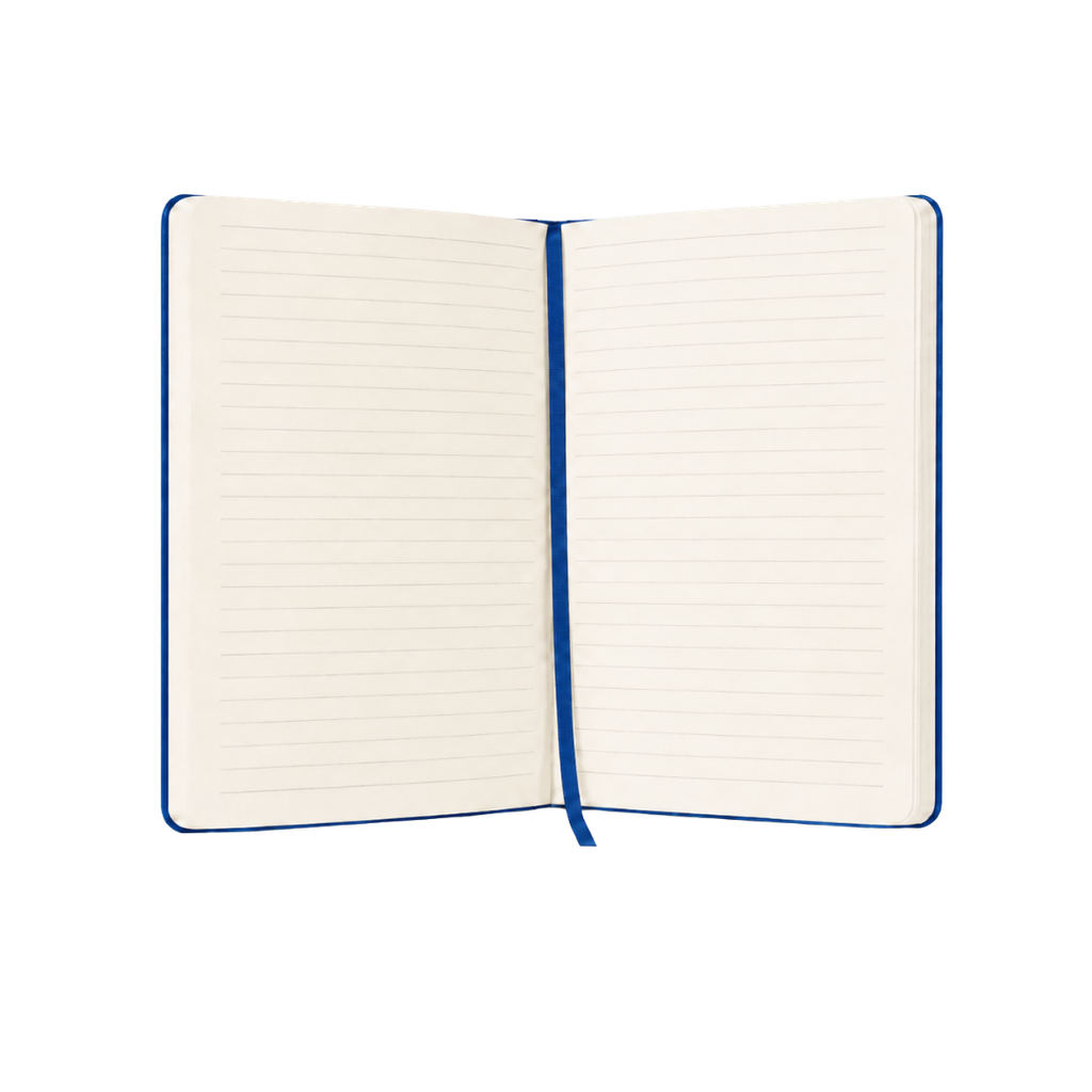 LIBRETA, PAPEL, AZUL, 14,8 x 21 cm, Ribbed 80 páginas de líneas, 70 gramos 80 con pasta PU, listón y banda elástica