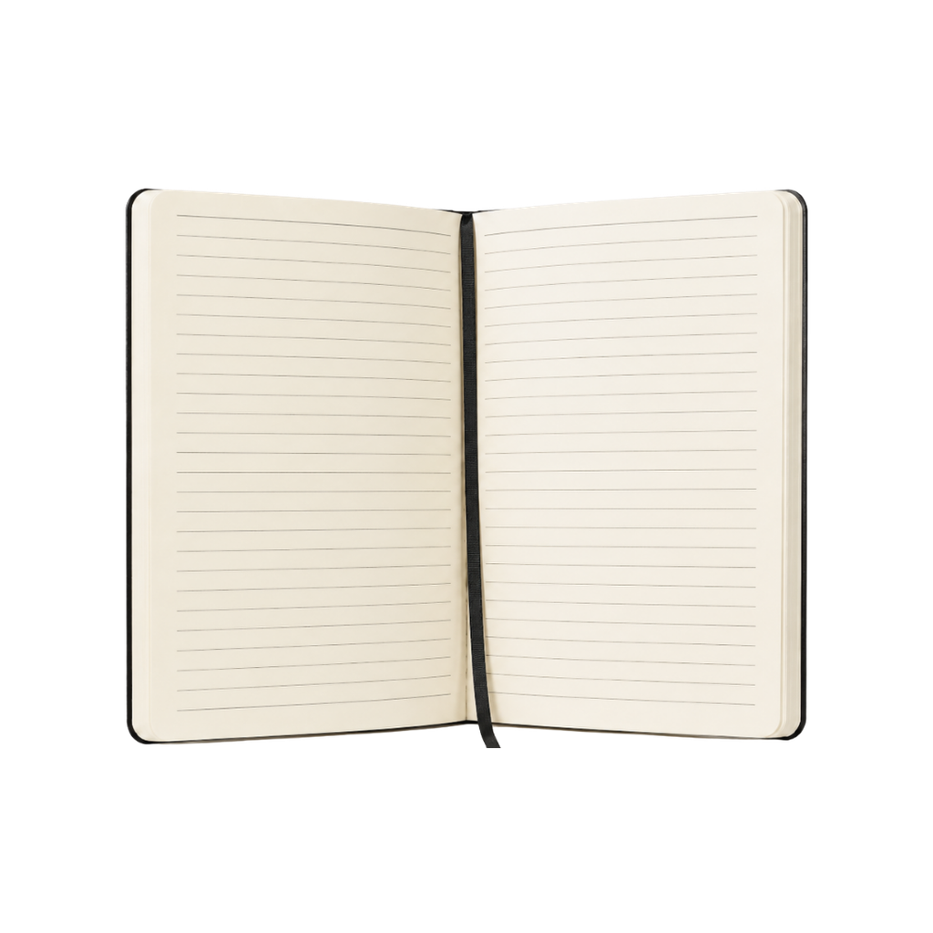 LIBRETA, PAPEL, NEGRO, 14,8 x 21 cm, Ribbed 80 páginas de líneas, 70 gramos 80 con pasta PU, listón y banda elástica
