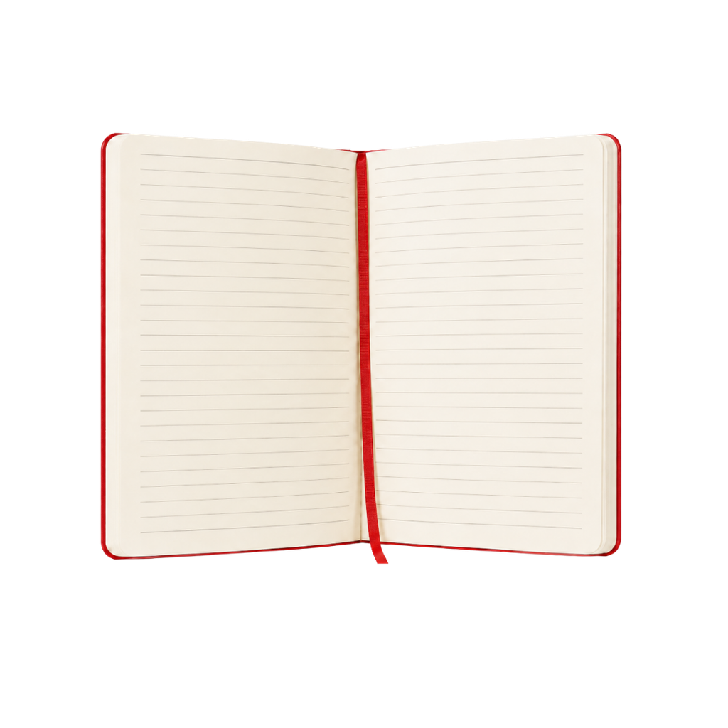 LIBRETA, PAPEL, ROJO, 14,8 x 21 cm, Ribbed 80 páginas de líneas, 70 gramos 80 con pasta PU, listón y banda elástica