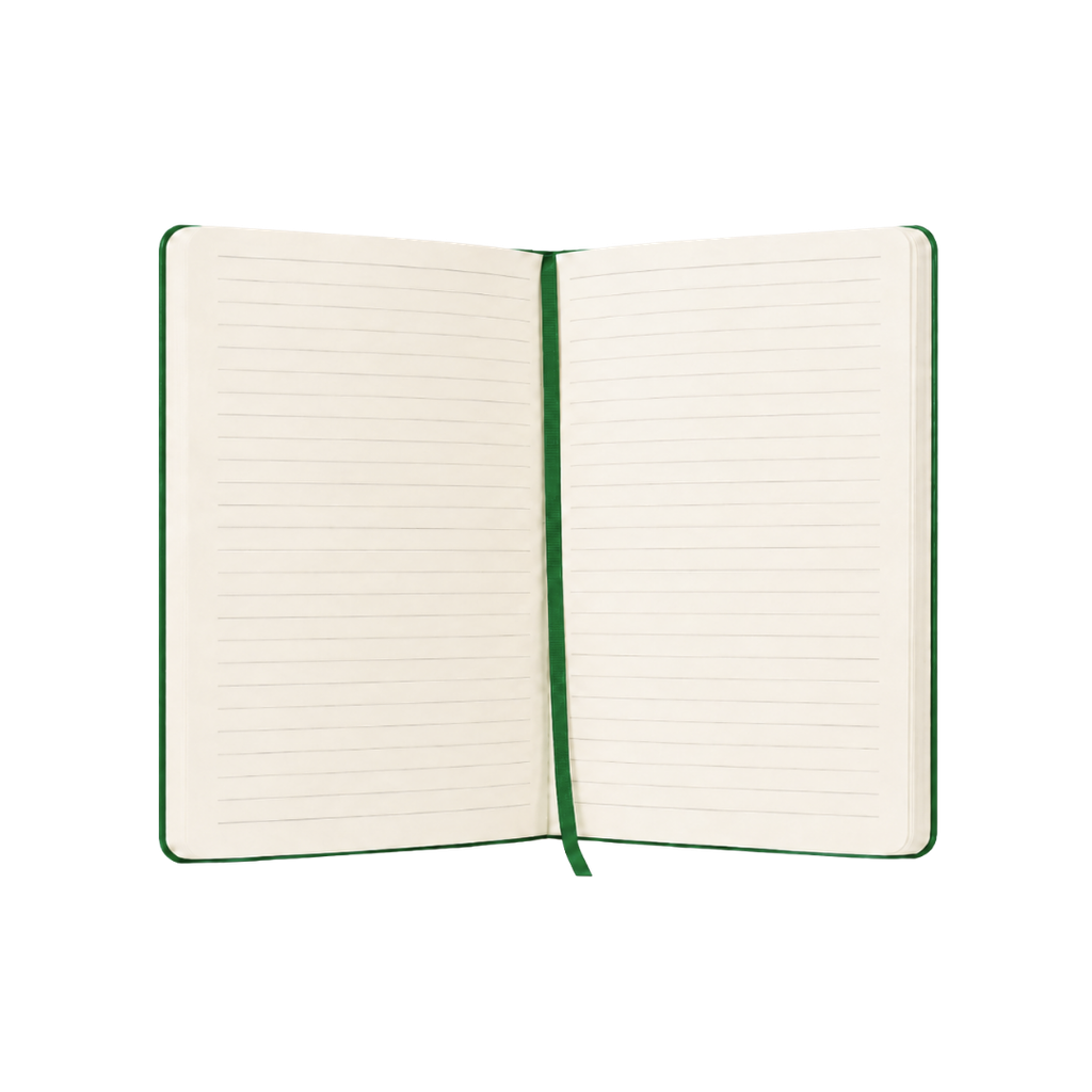 LIBRETA, PAPEL, VERDE, 14,8 x 21 cm, Ribbed 80 páginas de líneas, 70 gramos 80 con pasta PU, listón y banda elástica