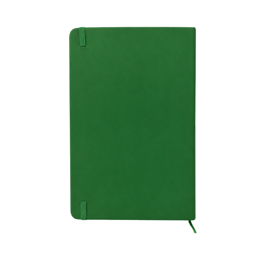 LIBRETA, PAPEL, VERDE, 14,8 x 21 cm, Ribbed 80 páginas de líneas, 70 gramos 80 con pasta PU, listón y banda elástica
