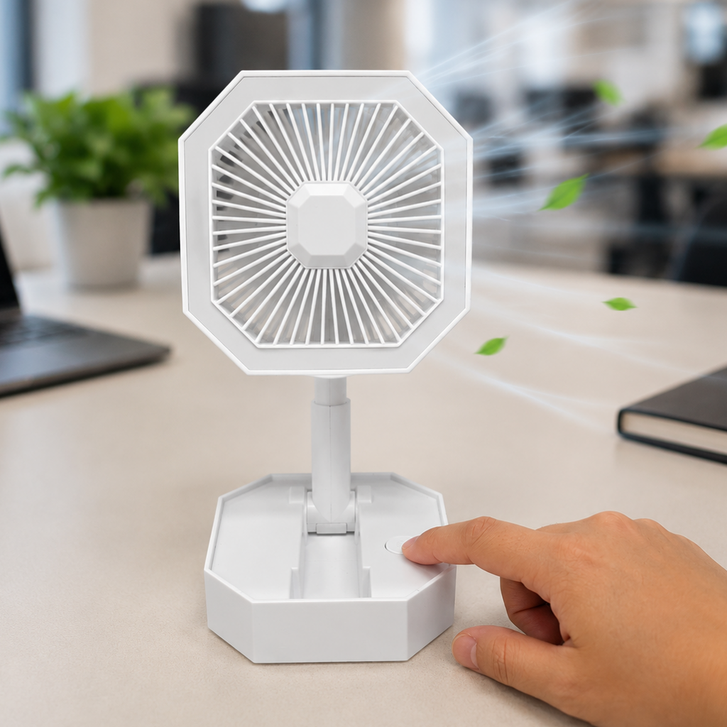 VENTILADOR, PLÁSTICO, BLANCO, 20*10,5*10,5 cm, octogonal plegable con luz led