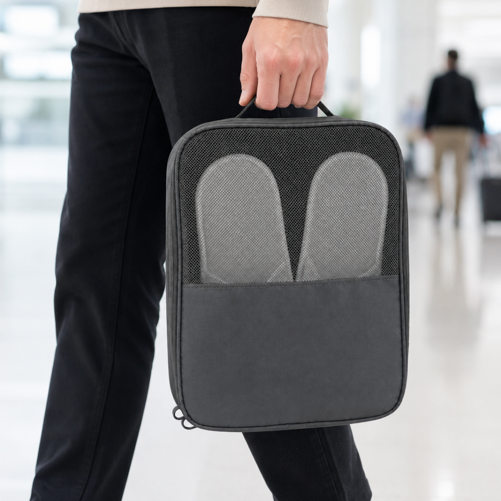 BOLSA, OXFORD, GRIS, 30*23*13.5 cm, con ventana y agarrador para zapatos tipo neceser