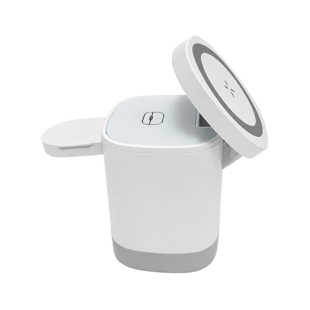 Cargador inalámbrico magnético 3 en 1 de 15W,  ABS reciclado, 6.4 x 9 x 6.4 cm, Blanco