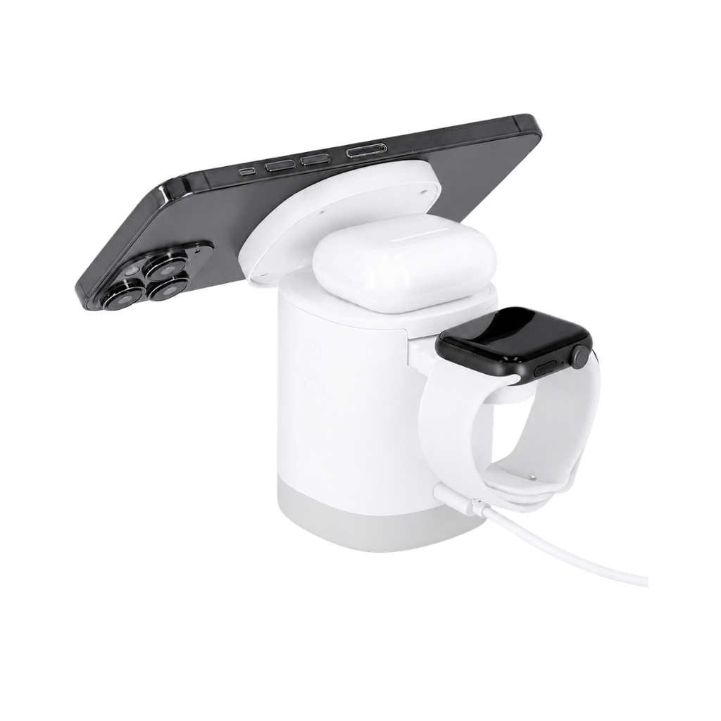 Cargador inalámbrico magnético 3 en 1 de 15W,  ABS reciclado, 6.4 x 9 x 6.4 cm, Blanco