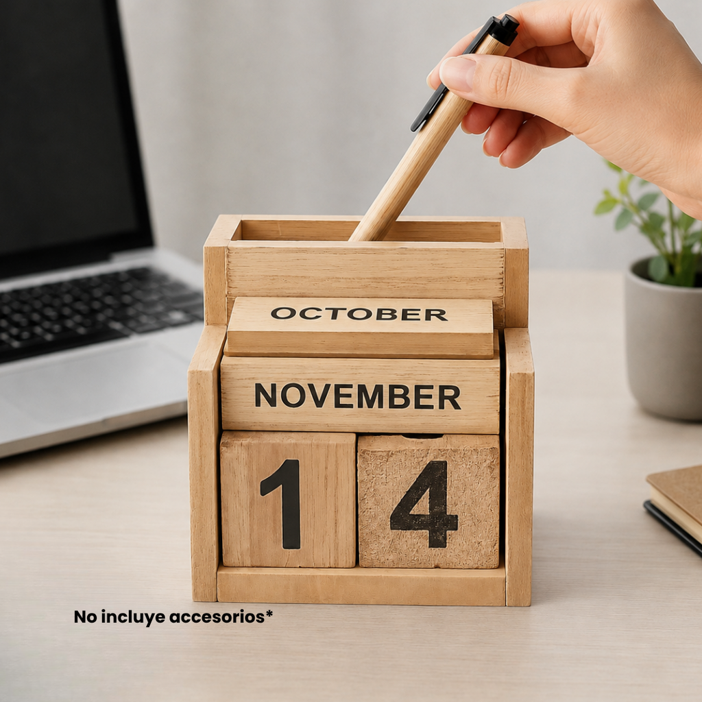 Lapicero calendario perpetuo,  MDF, 7.4 x 7.5 x 6.6 cm