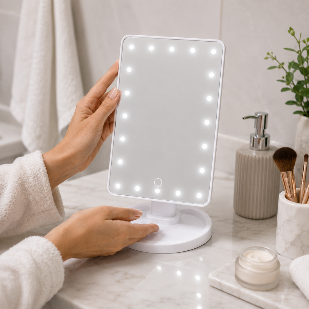 ESPEJO, PLÁSTICO, BLANCO, 27X17X12CM cm, Star, base ajustable, con luz led de tonos, Funcionamiento mediante 4 baterias AA (NO INCLUIDAS)