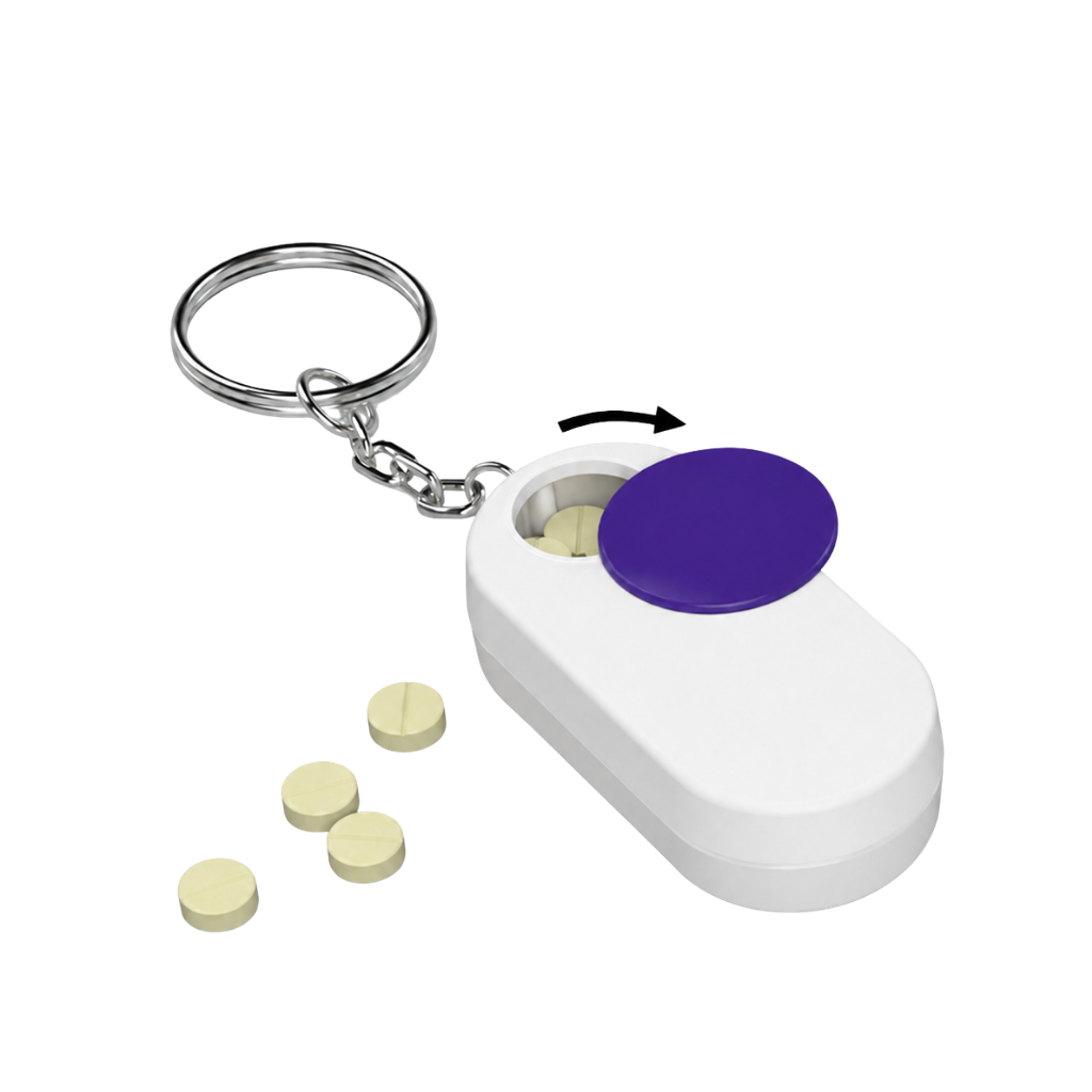 pastillero, plástico, lila,  nd, porta pildoras con cuerpo blanco