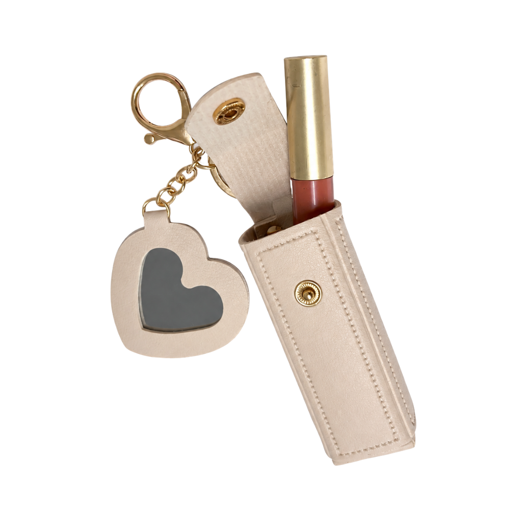 ESTUCHE, IMITACION CUERO, BEIGE, 8*2.5 cm, PARA PINTALABIOS ESTILO LLAVERO CON CORAZÓN