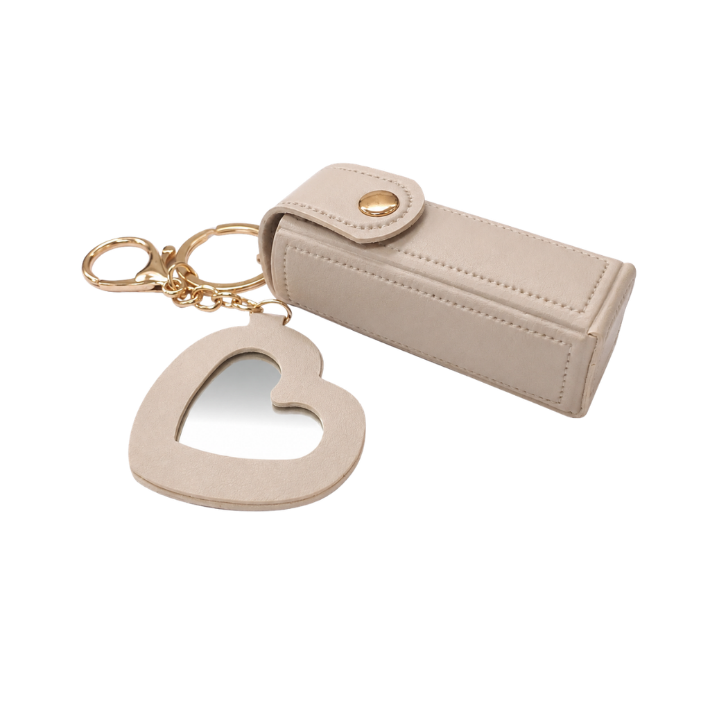 ESTUCHE, IMITACION CUERO, BEIGE, 8*2.5 cm, PARA PINTALABIOS ESTILO LLAVERO CON CORAZÓN