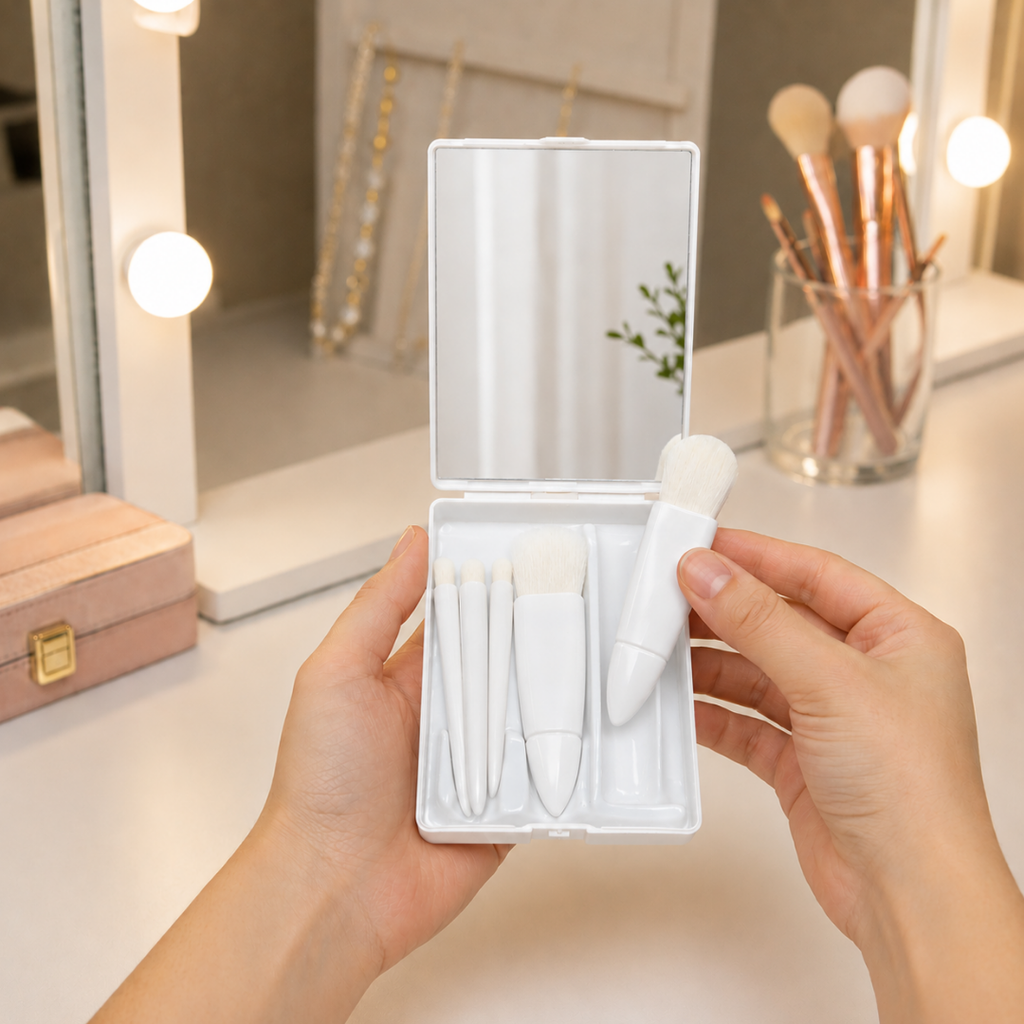 SET DE BROCHAS, PLÁSTICO, BLANCO, 10*7.5 cm, 5 PCS PARA MAQUILLAJE CON ESTUCHE Y ESPEJO