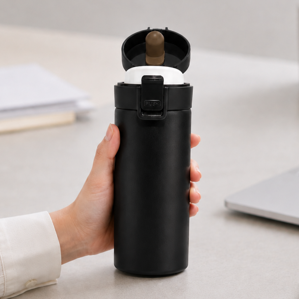 VASO, ACERO INOXIDABLE, NEGRO, 480 ml, Mumbai 6.8*19.5 cm térmico doble pared con tapa automática y base antideslizante