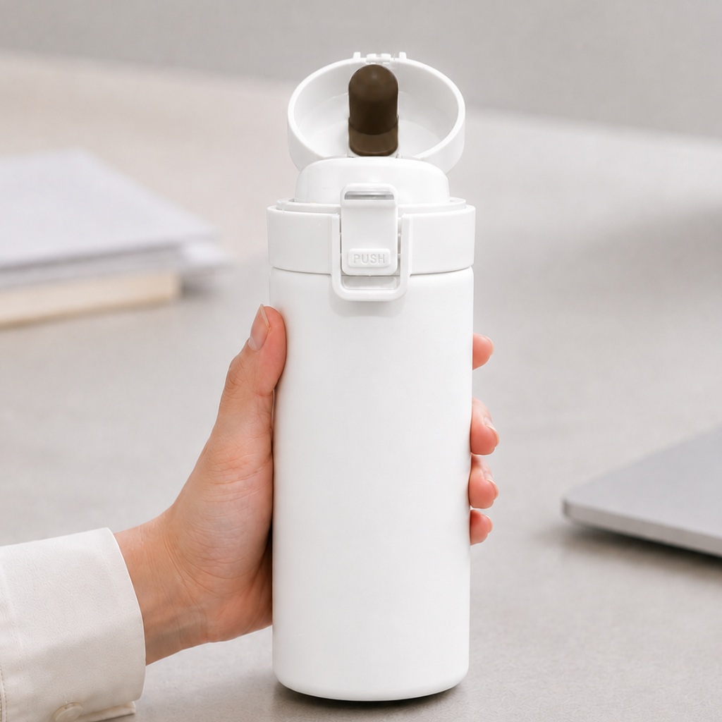 VASO, ACERO INOXIDABLE, BLANCO, 480 ml, Mumbai 6.8*19.5 cm térmico doble pared con tapa automática y base antideslizante