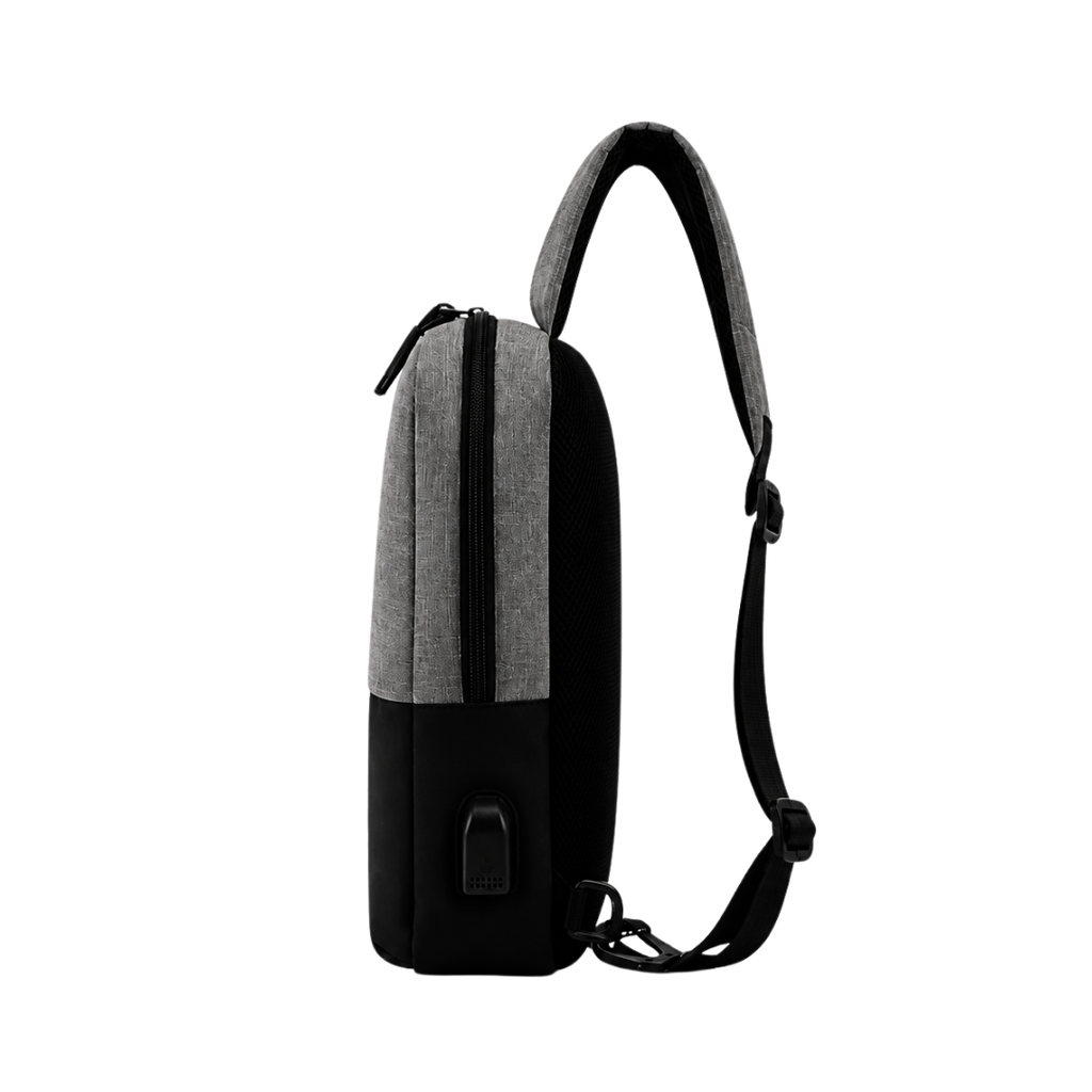 Mochila cruzada, Poliéster 300D, con conexión USB para carga 20 x 29 x 6.5 cm, Gris