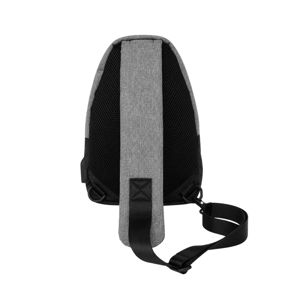 Mochila cruzada, Poliéster 300D, con conexión USB para carga 20 x 29 x 6.5 cm, Gris