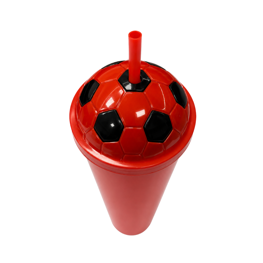 Vaso plástico rojo 1,000ml Carioca con tapa domo diseño de pelota y pajilla