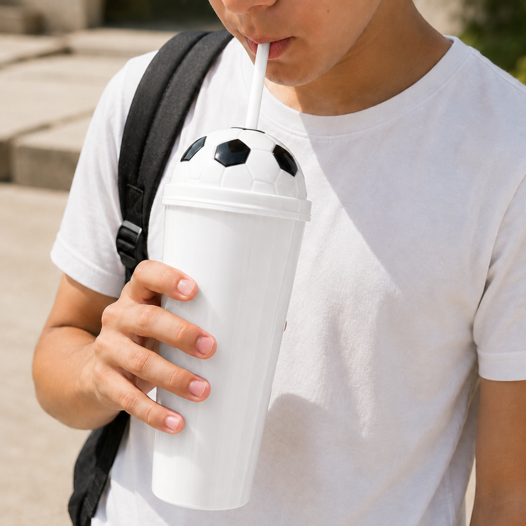 Vaso plástico blanco 1,000ml Carioca con tapa domo diseño de pelota y pajilla