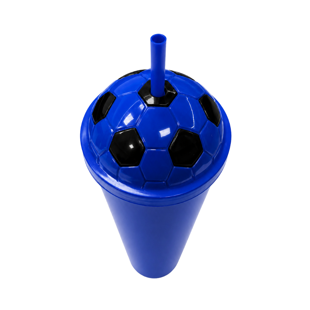 Vaso plástico azul  1,000ml Carioca con tapa domo diseño de pelota y pajilla