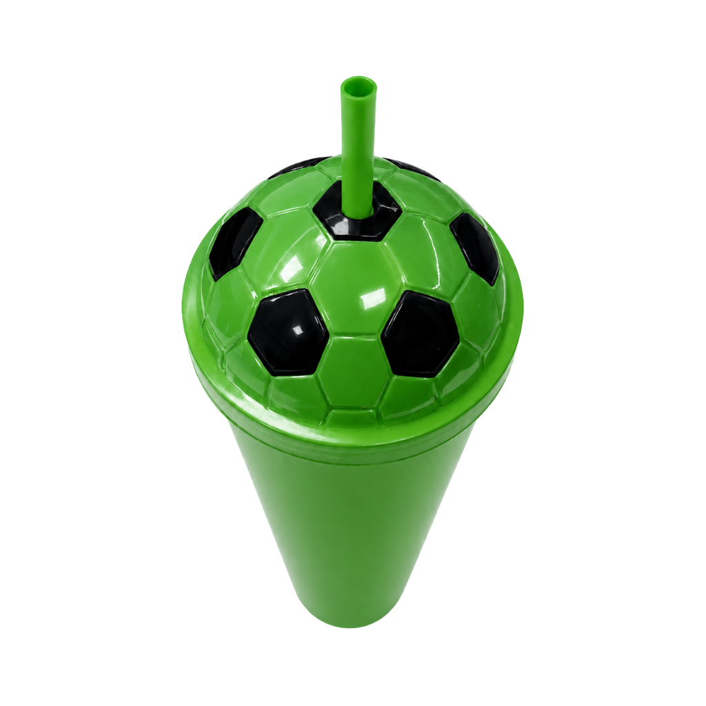 Vaso plástico  verde 1,000ml Carioca con tapa domo diseño de pelota y pajilla