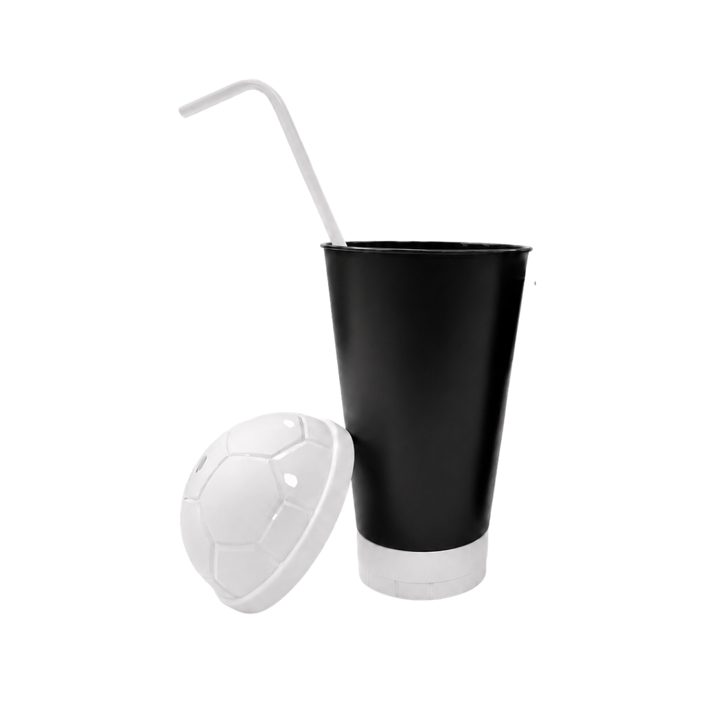 VASO, PLÁSTICO, NEGRO, 600 ml, vuvuzela con tapa como diseño de pelota y pajilla, desmontable