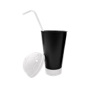VASO, PLÁSTICO, NEGRO, 600 ml, vuvuzela con tapa como diseño de pelota y pajilla, desmontable